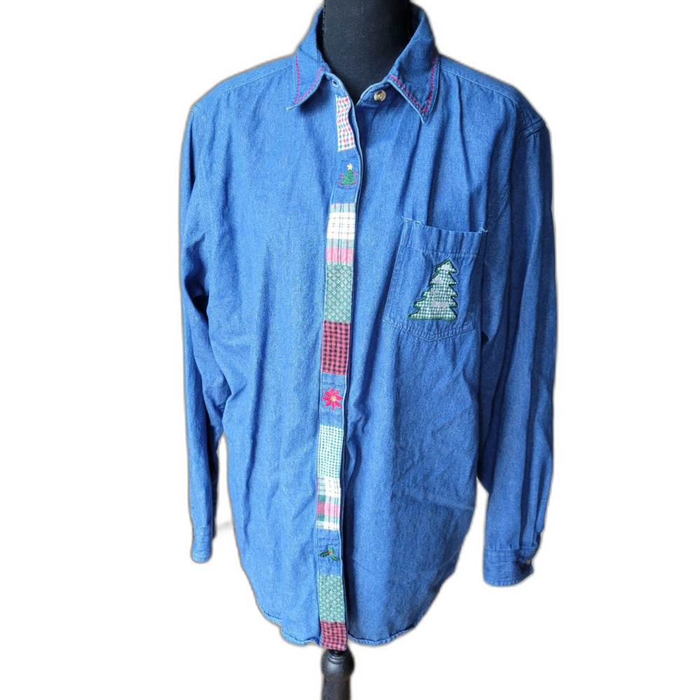 VNTG 90s Casey & Max Christmas Denim Patchwork Button Up Shirt Grandmacore XL